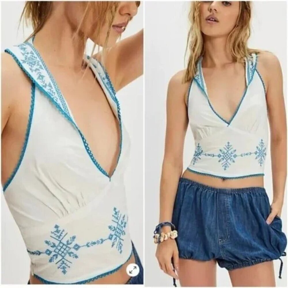 New Free People Hello Lover Embroidered Halter Top Cottagecore Boho Large NWOT
